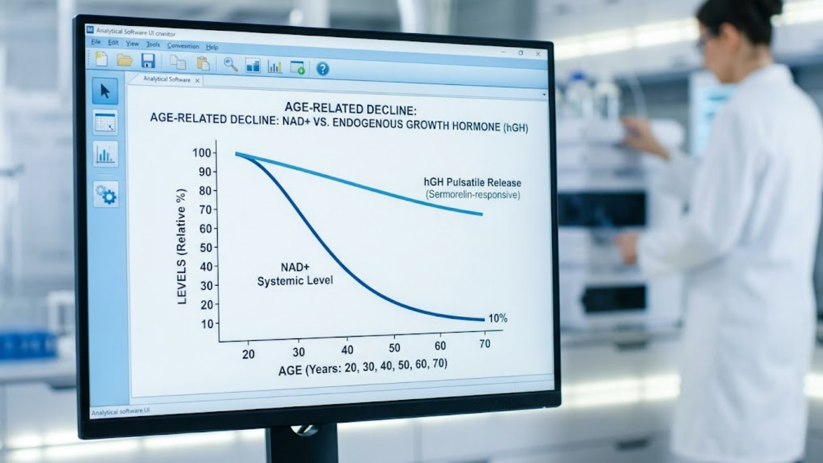 Clinical Data Visualization showing Age-Related Decline of NAD+ vs hGH