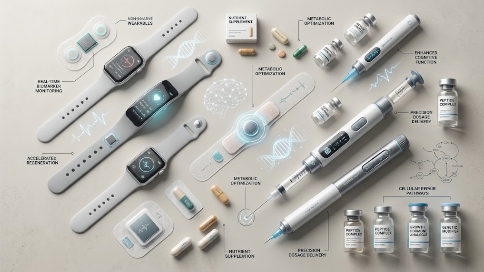 Advanced biohacking medical optimization flat lay