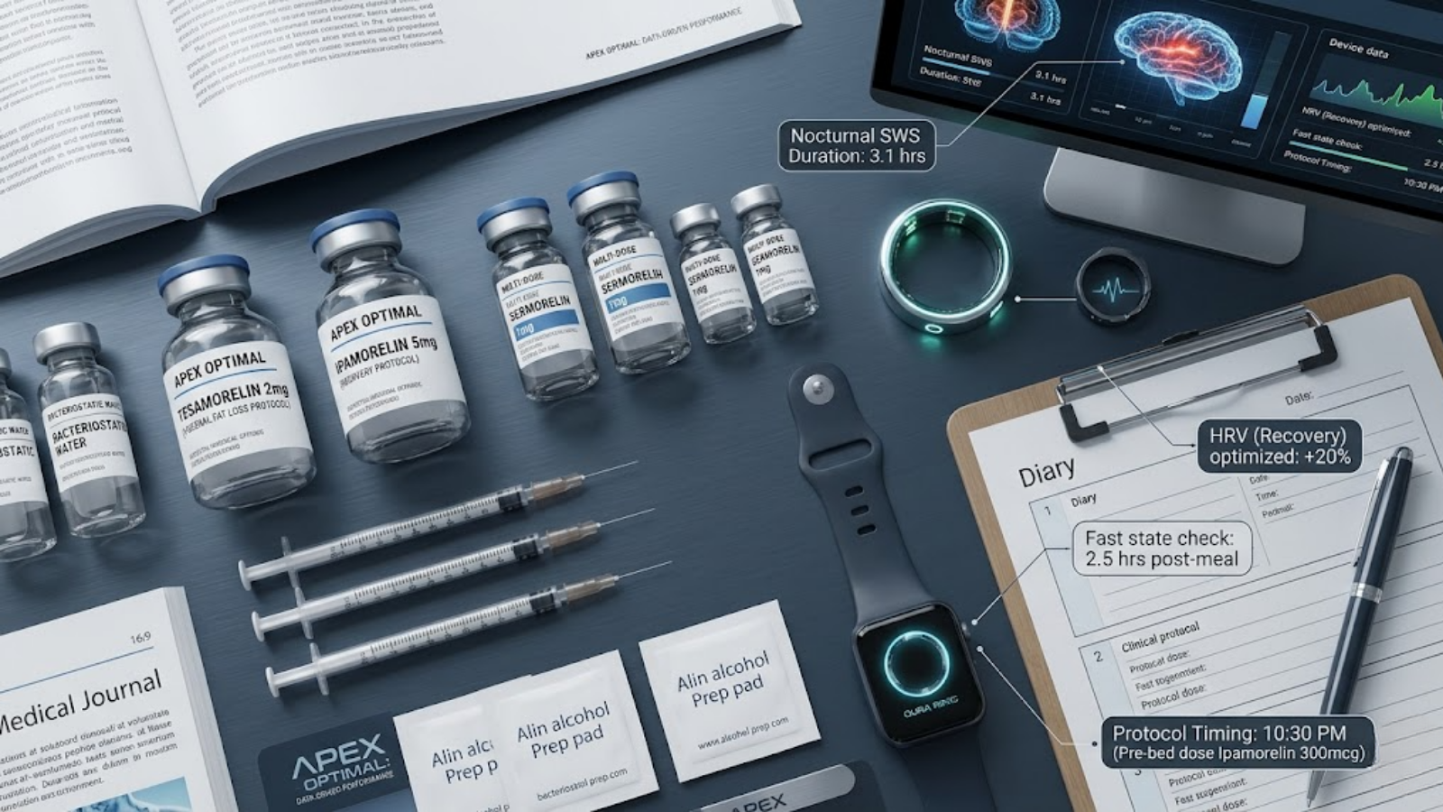 Direct overhead flat lay photograph curated with biometric ring, clipboard with data charts, and several clearly labeled peptide vials.