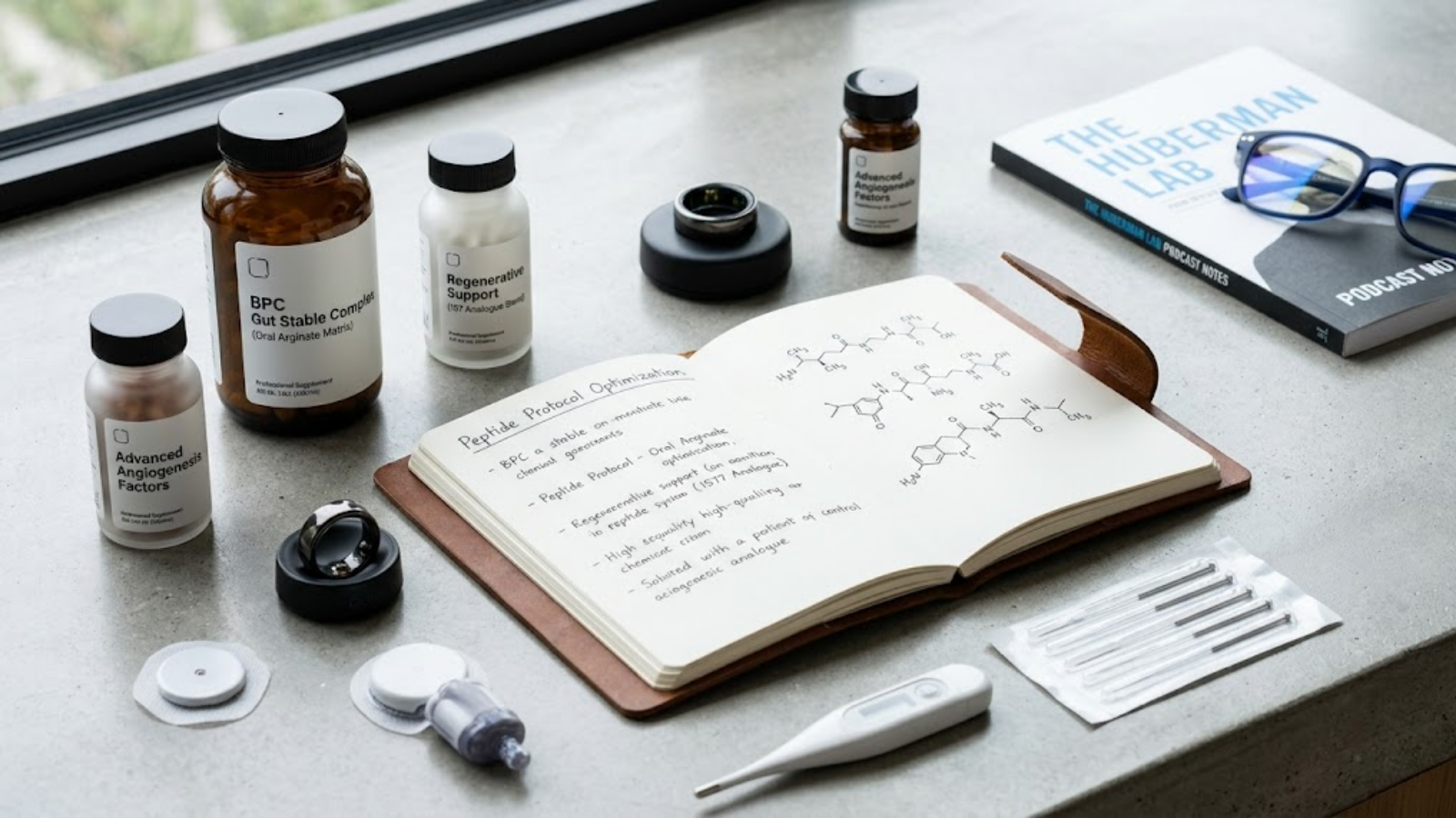 Conceptual illustration of an advanced biohacking and medical optimization protocol including peptide analogs.