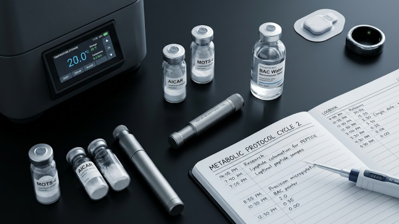Advanced biohacking flat lay with peptide vials, BAC water, and protocol logbook