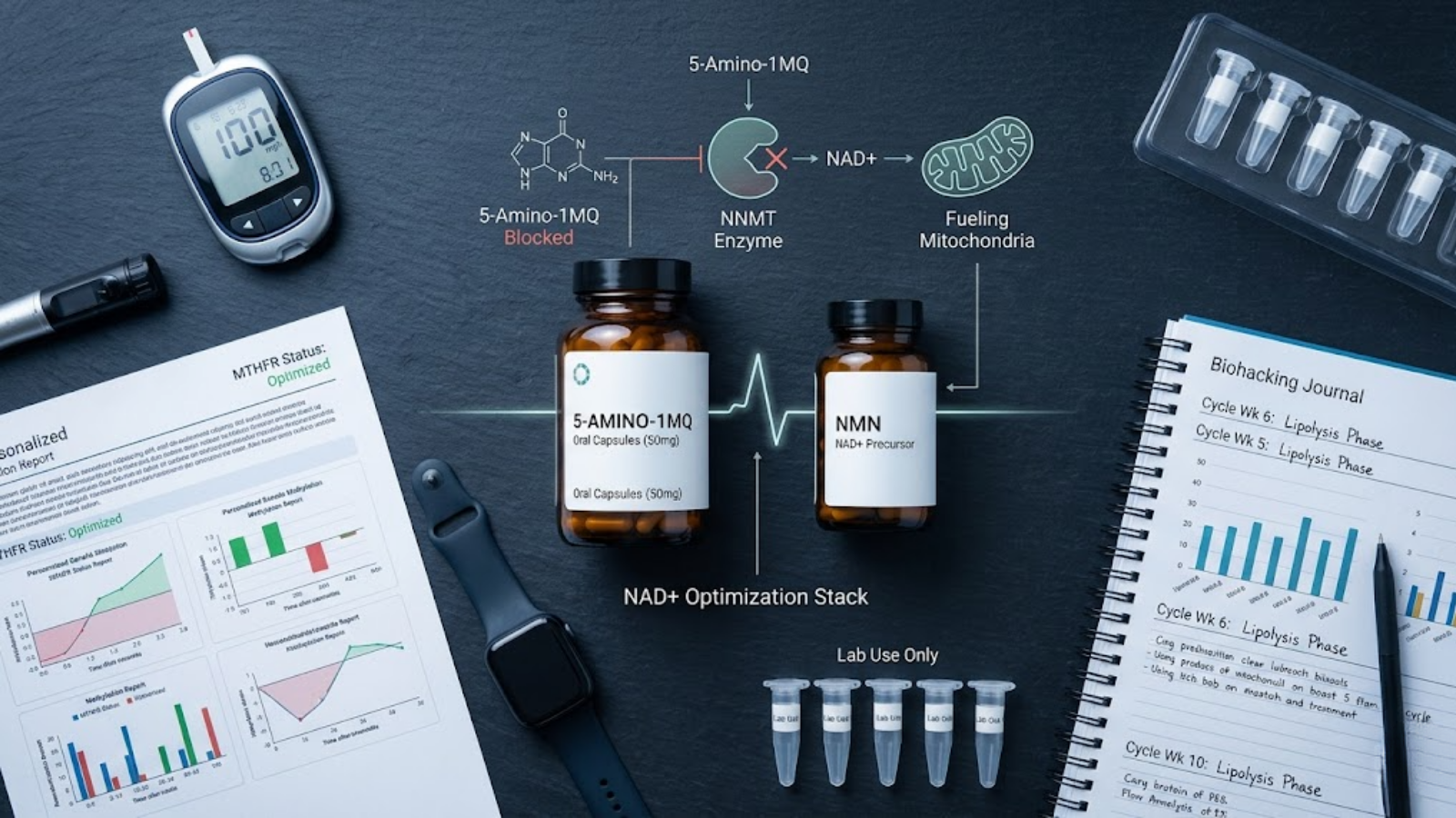 Medical Optimization Flat Lay showing the NAD+ Optimization Stack