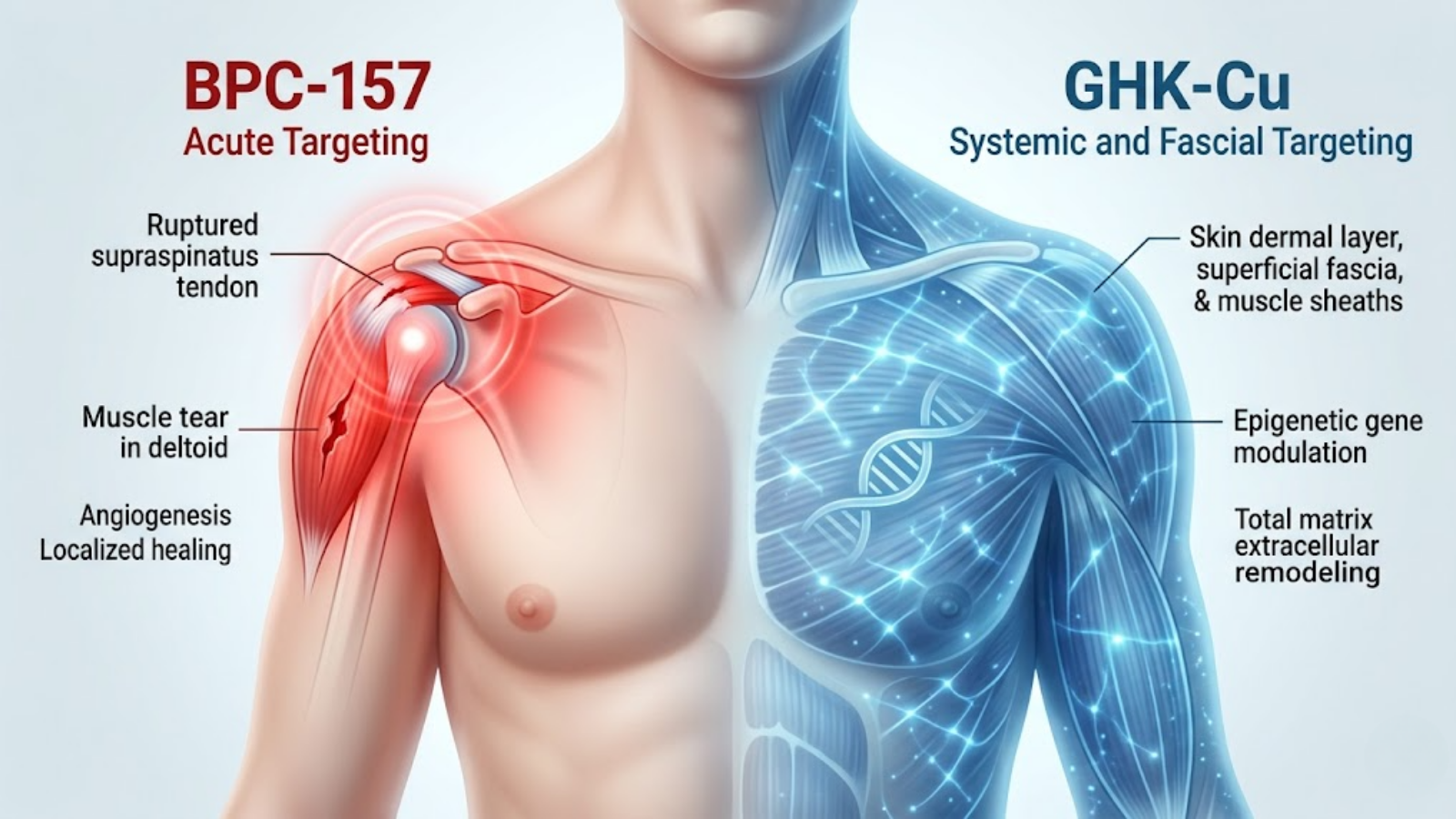 Physiological Targeting Map contrasting BPC-157 localized healing with GHK-Cu systemic remodeling